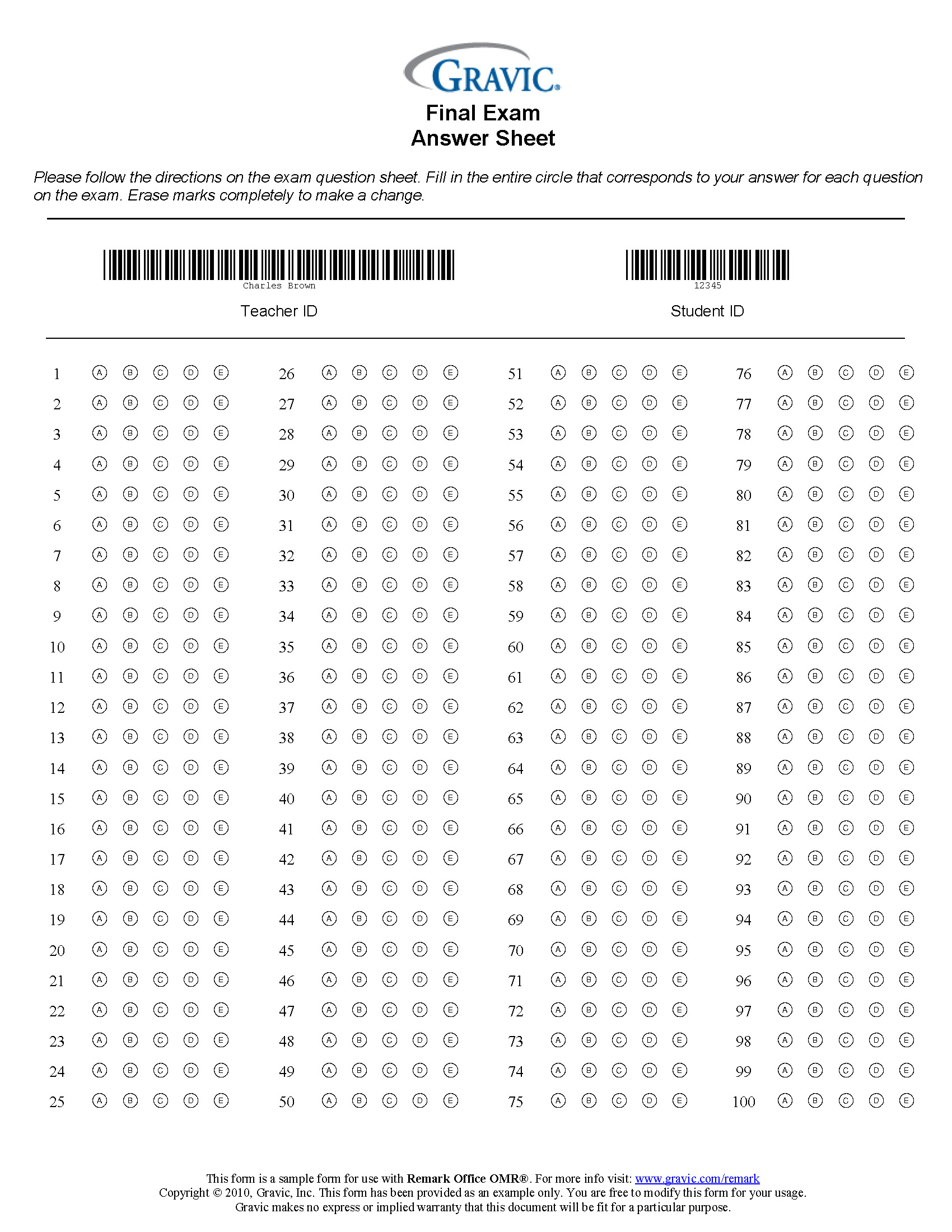 100 Question Test Answer Sheet with Barcode · Remark Software