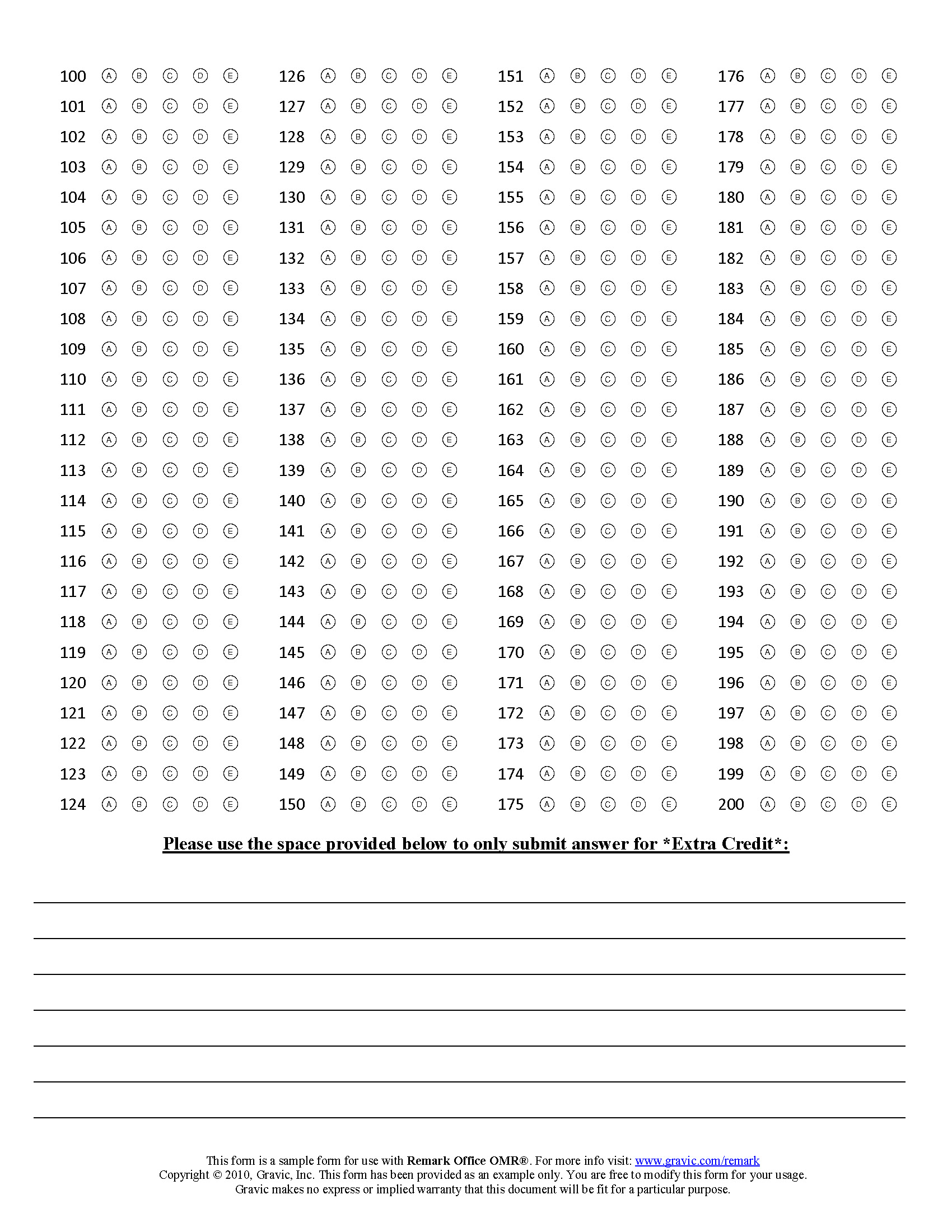 200 Question Answer Sheet with Extra Credit and Barcode · Remark Software
