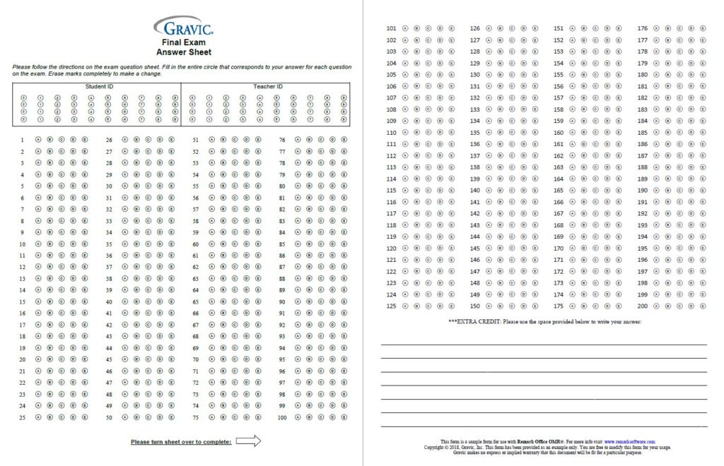 200 Question Answer Sheet with Subjective Extra Credit Grid IDs for Remark Office OMR