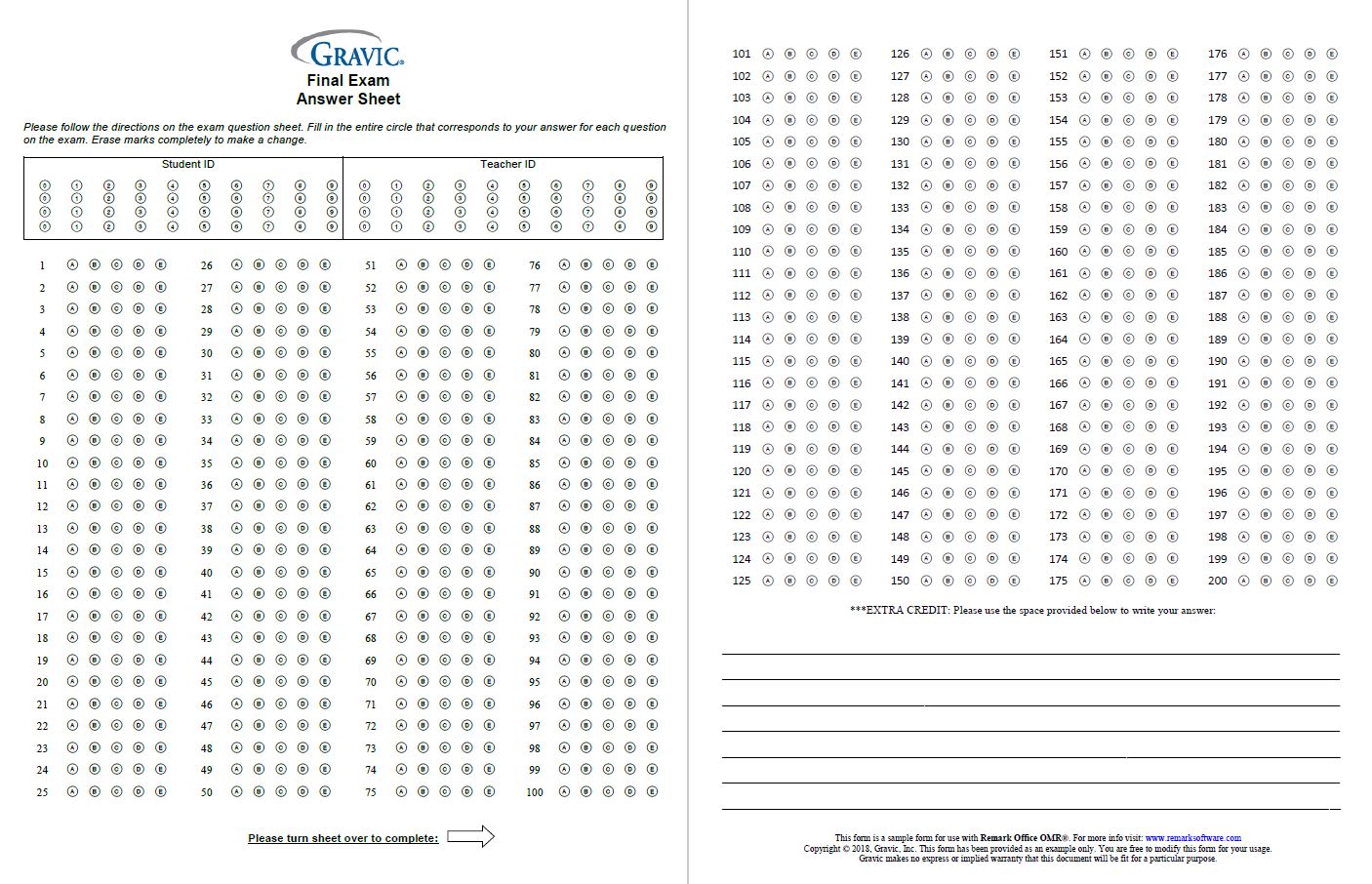 multiple choice answer sheet 1 200