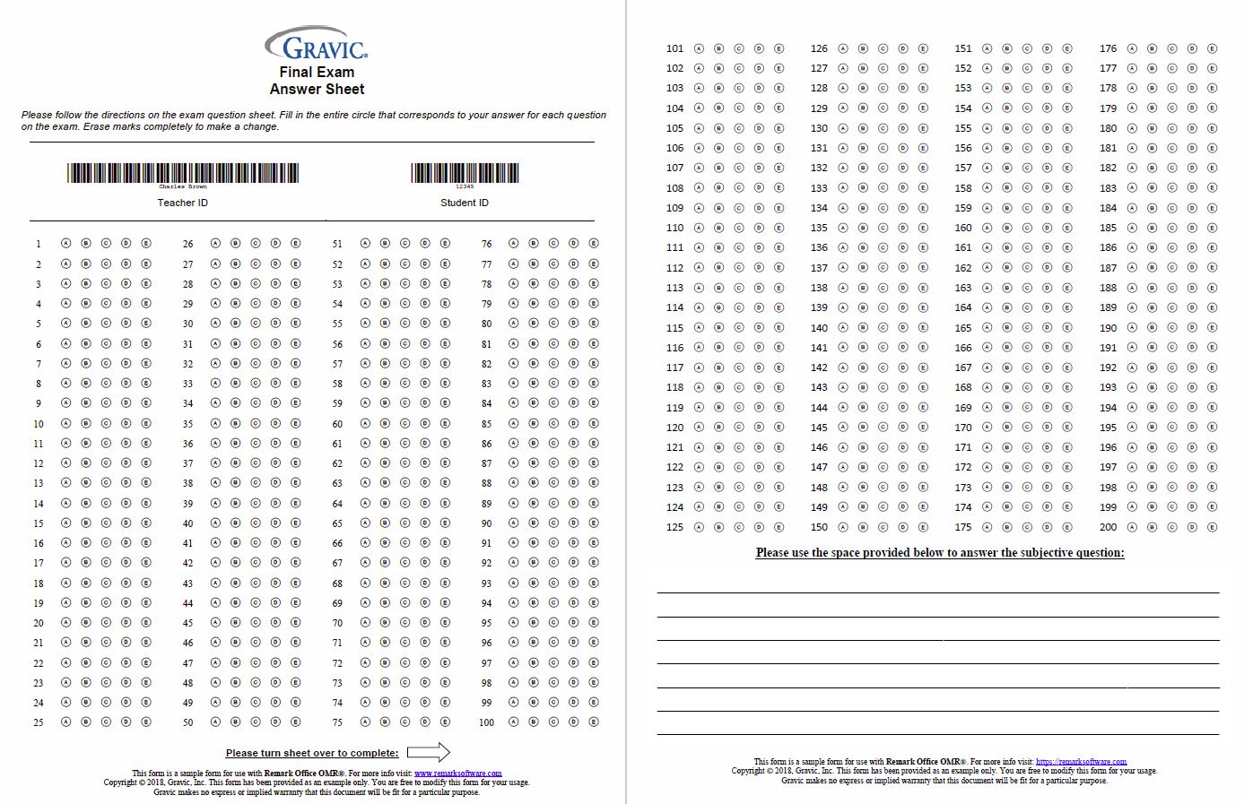 multiple choice answer sheet 1 200