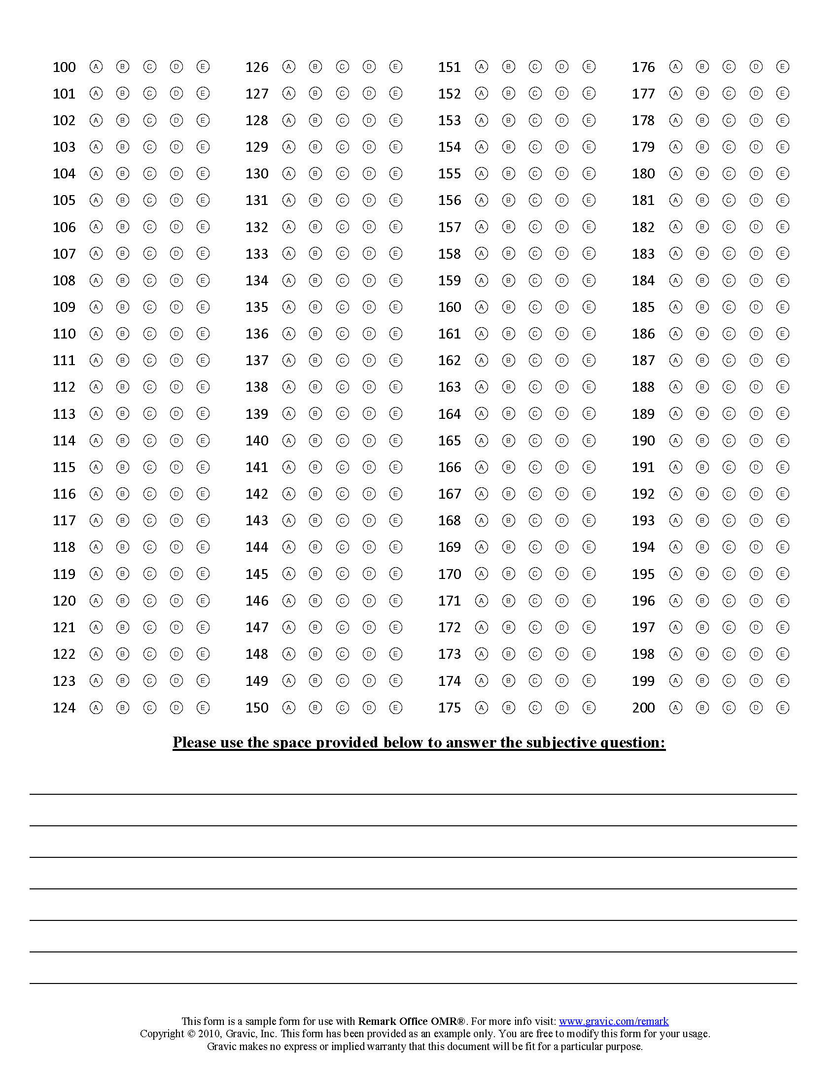 200 Question Test Answer Sheet with Subjective Question · Remark Software