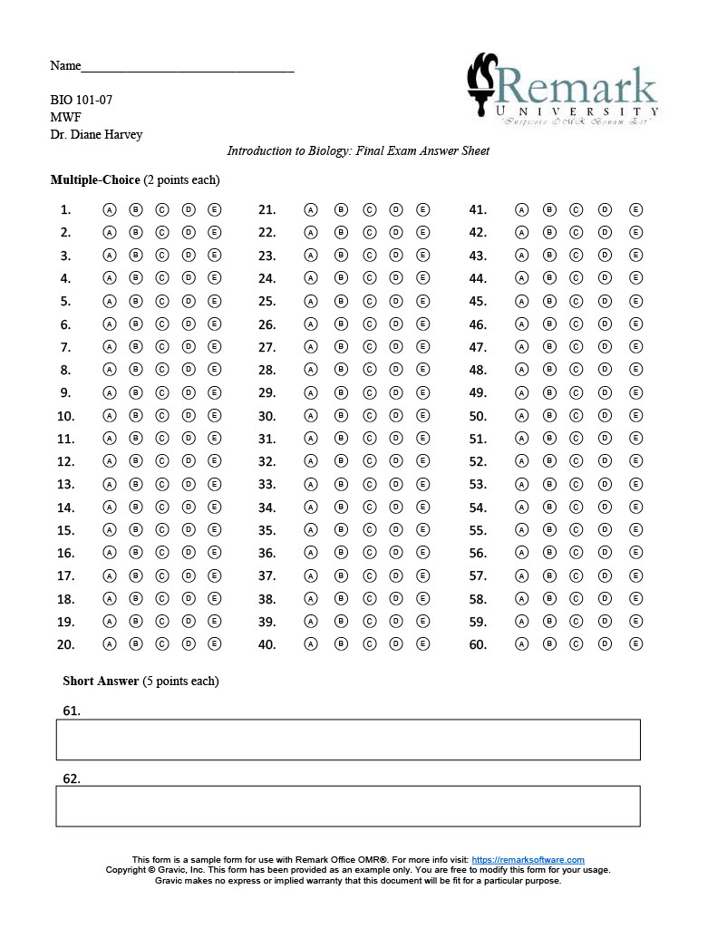 62 Question Test Answer Sheet for Remark Office OMR
