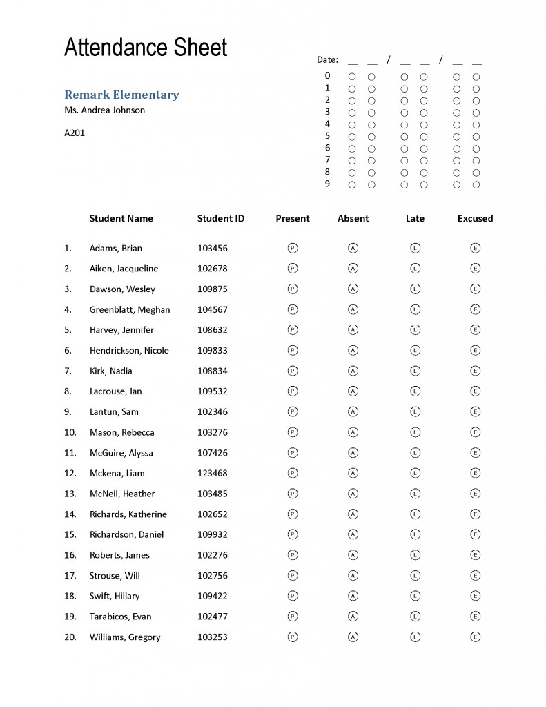 School Attendance Sheet for Remark Office OMR