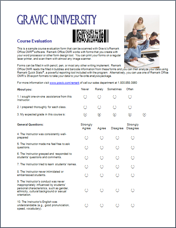 Course Evaluation 2 sample form for Remark Office OMR