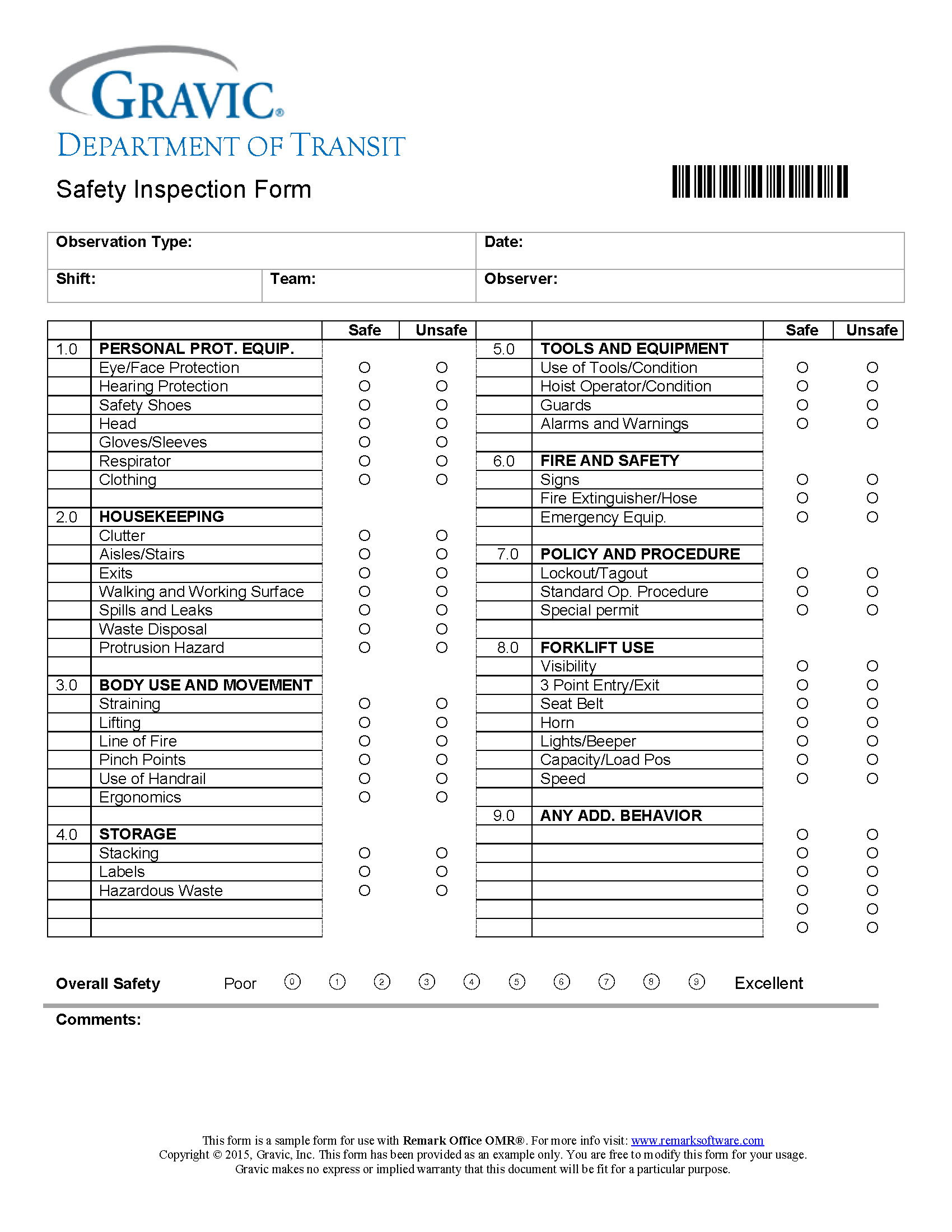Department of Transit Safety Inspection Form · Remark Software