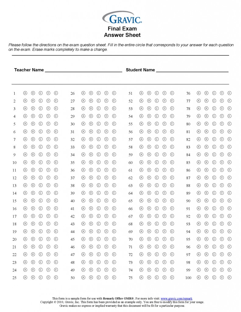 100 Question Answer Sheet without barcode for use with Remark Office OMR