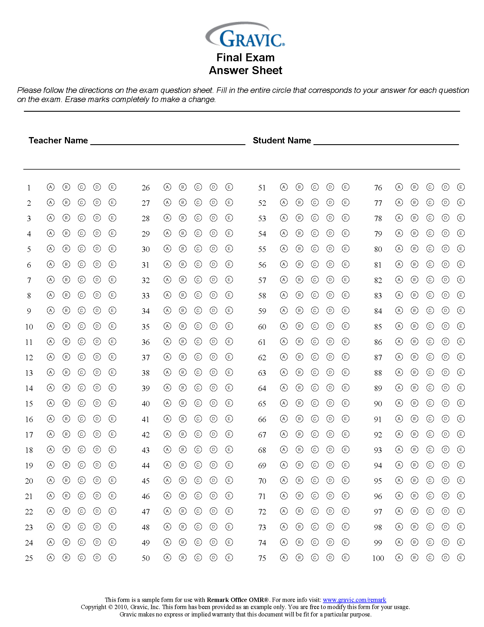 Final Exam 22 Question Test Answer Sheet · Remark Software Intended For Blank Answer Sheet Template 1 100