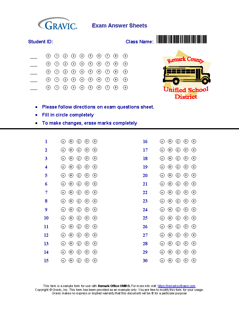 Multiple Choice Answer Sheet 1 30