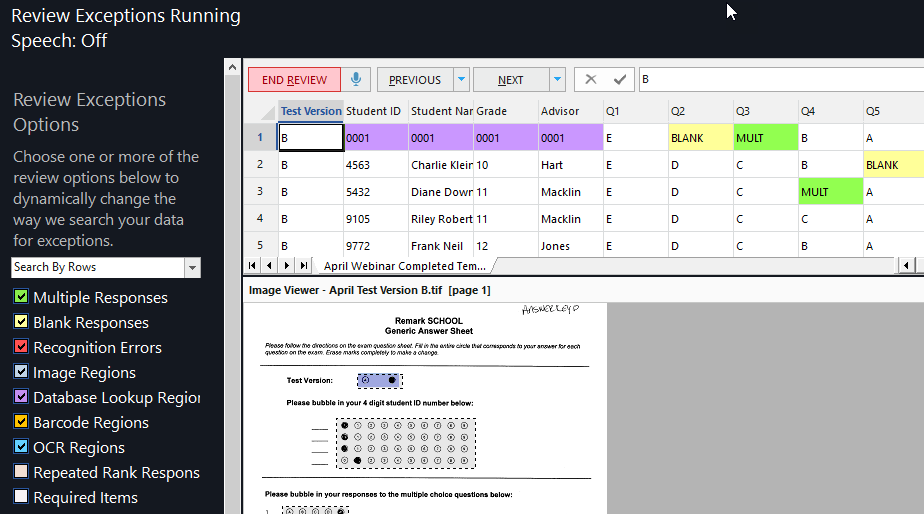 Remark Office OMR review exceptions options screen