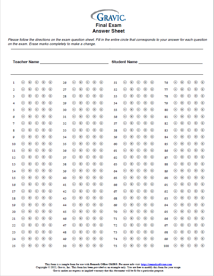 Final Exam 100 Question Test Answer Sheet · Remark Software