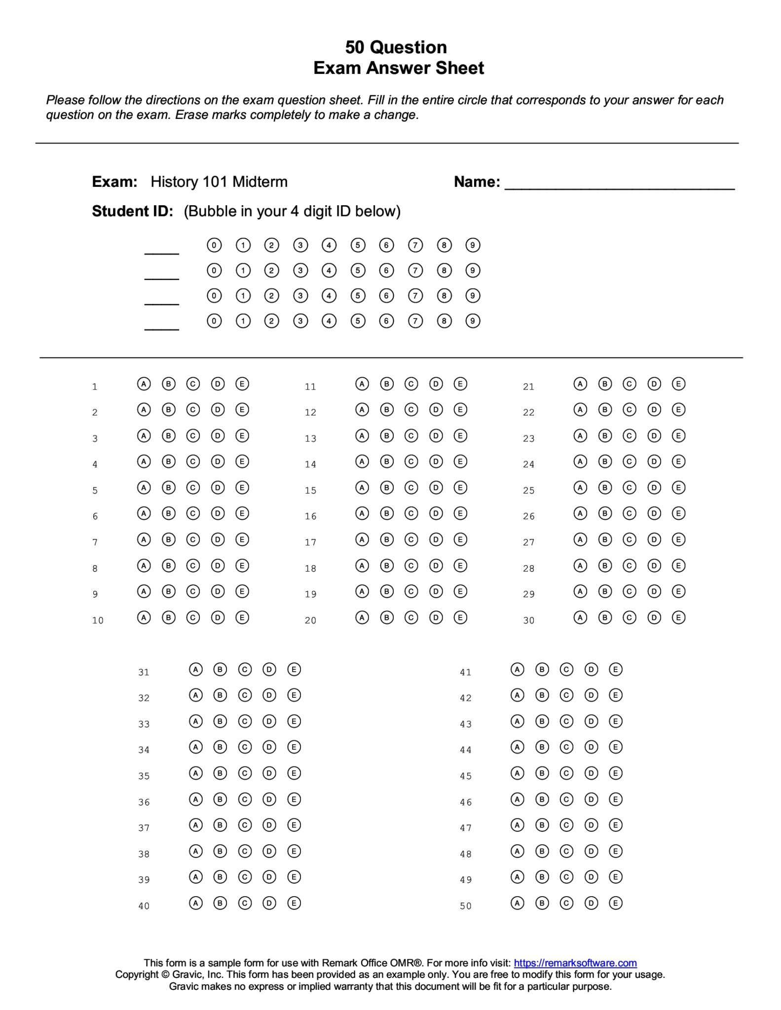 50 Question Test Answer Sheet · Remark Software